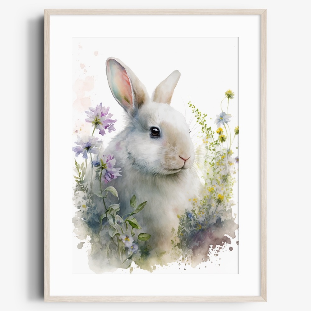 Cute Floral White Bunny Watercolor Wall Art Illustration Print Poster Unframed